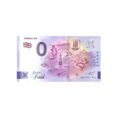 Billete de Gibraltar "Zero Pound" con imágenes del Peñón, monos, delfines y faro. Pregunta si se puede pagar con euros en Gibraltar.
