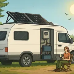 Furgoneta camper con placas solares en el techo y sistema eléctrico visible. Una mujer trabaja en su portátil, disfrutando del sol, un ejemplo de energía positivo y negativo placa solar.