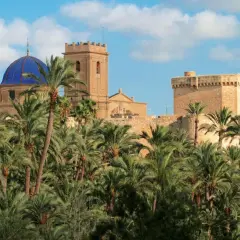 El Palmeral de Elche, con su altstadt y la cúpula azul, se alza entre palmeras bajo un cielo nublado.