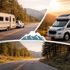 Dos vehículos vivienda, una caravana y una autocaravana, disfrutan de paisajes montañosos al atardecer.