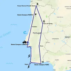 Mapa de una ruta en autocaravana por Portugal, visitando Oporto, Lisboa, Faro y el Parque Nacional Peneda-Gerês.
