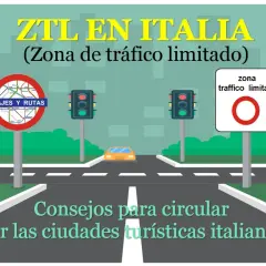 Señal de tráfico de zona limitada en Italia con semáforos y un coche.