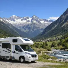 Autocaravana aparcada junto a un río en un valle alpino con picos nevados, ideal para explorar los ibones de Benasque.