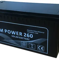 Batería AGM Power 260, 12V 260Ah C100, ideal para energía solar. Es una batería de gel, con asas para fácil transporte.