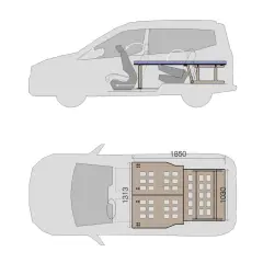 Planos de dimensiones de Ford Tourneo Courier camper. Muestra interior con asientos abatibles y mesa.