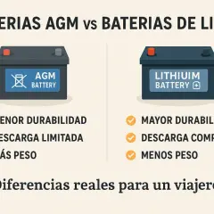 Comparativa de tipos de baterías solares: AGM (menor durabilidad, descarga limitada, más peso) vs Litio (mayor durabilidad, descarga completa, menos peso).