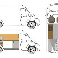 Planos de furgoneta con distribución interior: cocina, asientos y armarios. Ideas para rotular una furgoneta camper.