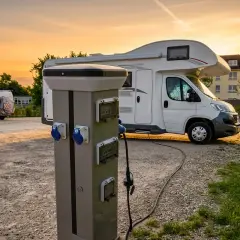 Columna de servicios para caravanas con conexión eléctrica. La instalación 12v caravana lista para cargar.