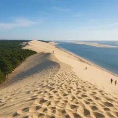 Majestuosa duna de arena en Las Landas, bordeada por un denso bosque de pinos y el océano Atlántico. Pequeñas figuras humanas caminan por la cresta, admirando el vasto paisaje.