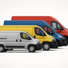 Cuatro furgonetas de colores (plata, amarillo, azul y rojo) alineadas en fila, listas para la entrega.