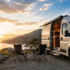 Una autocaravana lista para la aventura, con sillas y mesa plegables frente al mar al atardecer. Las marcas de camper invitan a explorar.