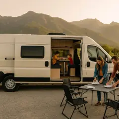 Familia preparando la cena al aire libre junto a su autocaravana de gran volumen, con dos niños jugando dentro.