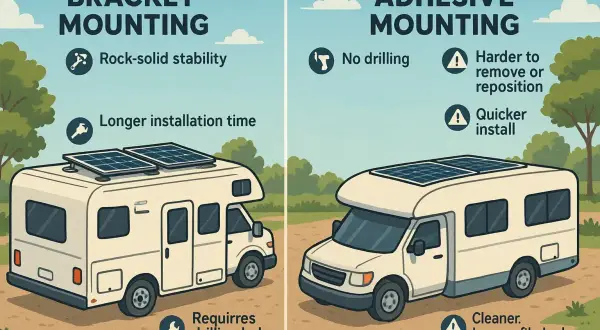 Comparación visual de montaje de paneles solares: con soportes (requiere taladros, más estable) vs. adhesivo (sin taladros, instalación rápida). Diferencia entre cable solar y normal.