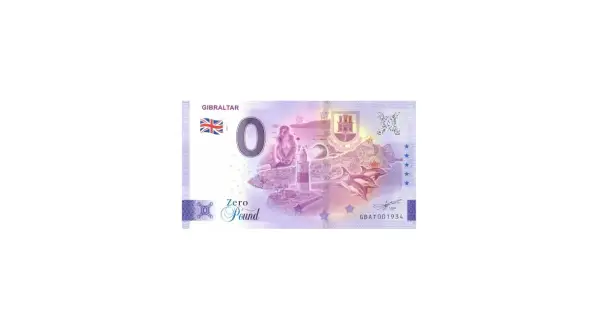 Billete de Gibraltar "Zero Pound" con imágenes del Peñón, monos, delfines y faro. Pregunta si se puede pagar con euros en Gibraltar.