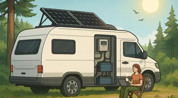 Furgoneta camper con placas solares en el techo y sistema eléctrico visible. Una mujer trabaja en su portátil, disfrutando del sol, un ejemplo de energía positivo y negativo placa solar.