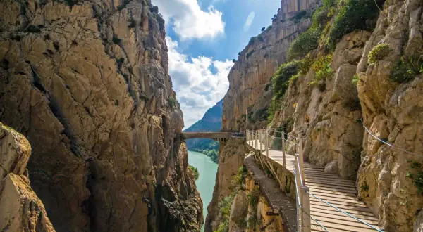 El sendero del koningspad en España, un camino de madera suspendido sobre un desfiladero con un río turquesa abajo.