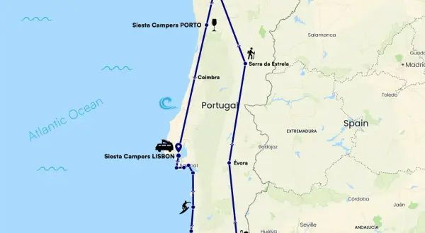 Mapa de una ruta en autocaravana por Portugal, visitando Oporto, Lisboa, Faro y el Parque Nacional Peneda-Gerês.