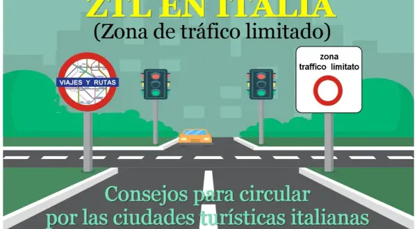 Señal de tráfico de zona limitada en Italia con semáforos y un coche.