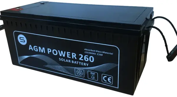 Batería AGM Power 260, 12V 260Ah C100, ideal para energía solar. Es una batería de gel, con asas para fácil transporte.