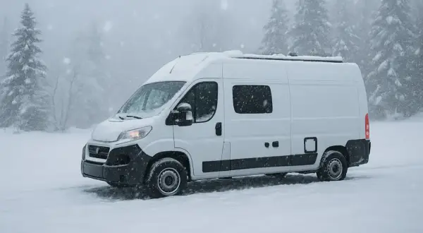 Furgoneta blanca en la nieve. Un deshumidificador sirve para mantener seco el interior, ideal para viajes en climas húmedos o fríos.
