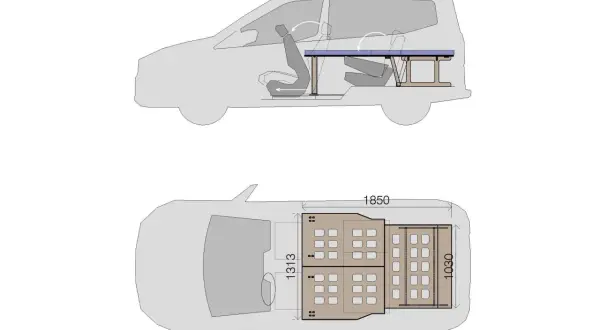 Planos de dimensiones de Ford Tourneo Courier camper. Muestra interior con asientos abatibles y mesa.