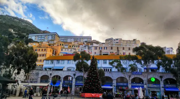 Árbol de Navidad en la plaza de Gibraltar, con edificios coloridos y el Peñón al fondo. Un día nublado, pero festivo.