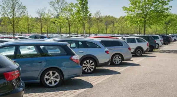 Amplio estacionamiento con coches alineados bajo árboles verdes. Ideal para saber dónde parcheggiare a Granada sin estrés.