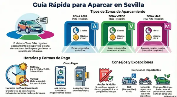 Guía rápida para aparcar en Sevilla: zonas azul, verde y mar, horarios, pagos y excepciones. Descubre wo am besten parken in Sevilla.