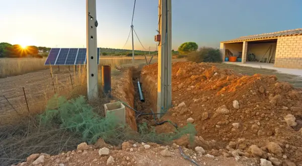Instalación de paneles solares y zanja para cableado, mostrando cómo tener luz en el campo. Atardecer dorado.