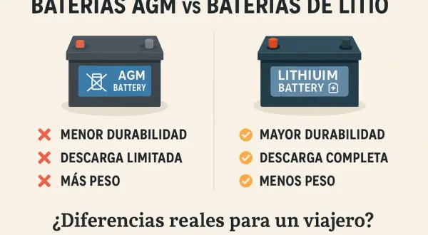 Comparativa de tipos de baterías solares: AGM (menor durabilidad, descarga limitada, más peso) vs Litio (mayor durabilidad, descarga completa, menos peso).