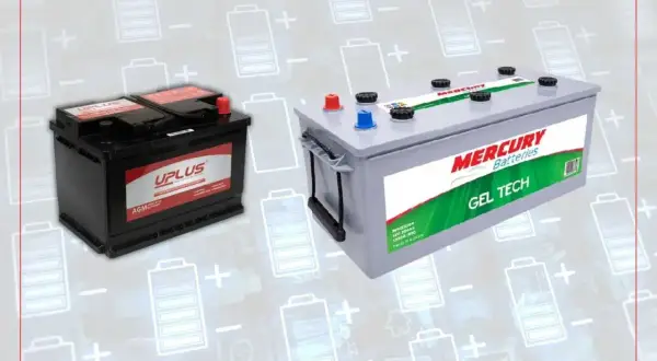Comparativa de bateria agm vs gel: una negra UPLUS AGM y una gris MERCURY GEL TECH.