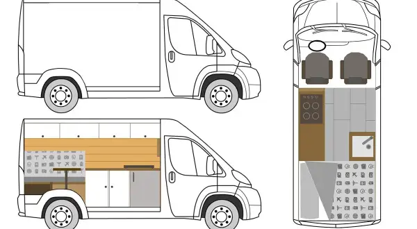 Planos de furgoneta con distribución interior: cocina, asientos y armarios. Ideas para rotular una furgoneta camper.