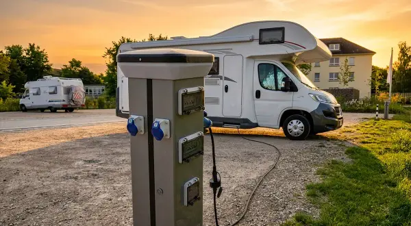 Columna de servicios para caravanas con conexión eléctrica. La instalación 12v caravana lista para cargar.