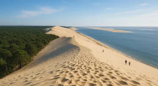 Majestuosa duna de arena en Las Landas, bordeada por un denso bosque de pinos y el océano Atlántico. Pequeñas figuras humanas caminan por la cresta, admirando el vasto paisaje.