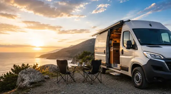 Una autocaravana lista para la aventura, con sillas y mesa plegables frente al mar al atardecer. Las marcas de camper invitan a explorar.