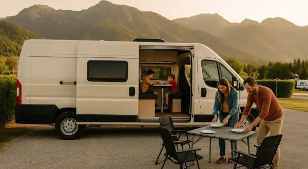 Familia preparando la cena al aire libre junto a su autocaravana de gran volumen, con dos niños jugando dentro.
