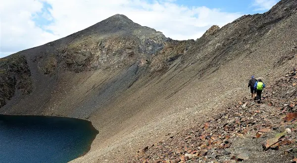 Senderistas ascienden por un sendero pedregoso junto a un lago azul, con la imponente silueta de los ibones de Bachimaña al fondo.