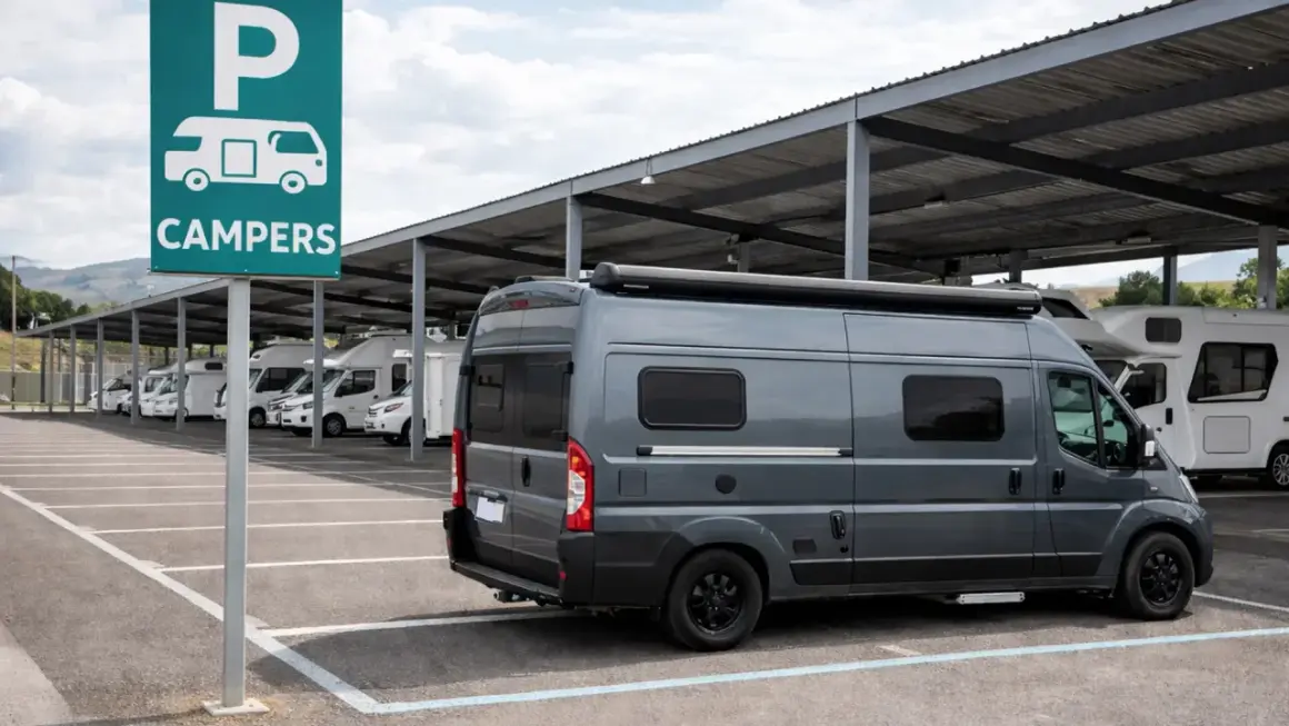 Estacionamiento para campers bajo techo. Un letrero verde indica "CAMPERS". Varios vehículos recreativos, incluyendo una furgoneta gris en primer plano, están aparcados.