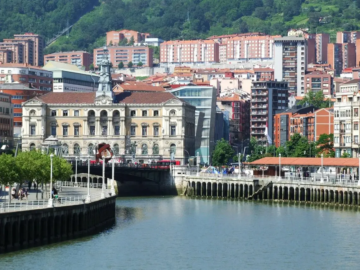 Vista del río Nervión y el Ayuntamiento, un edificio emblemático del bilbao centro storico, con edificios modernos y colinas verdes al fondo.