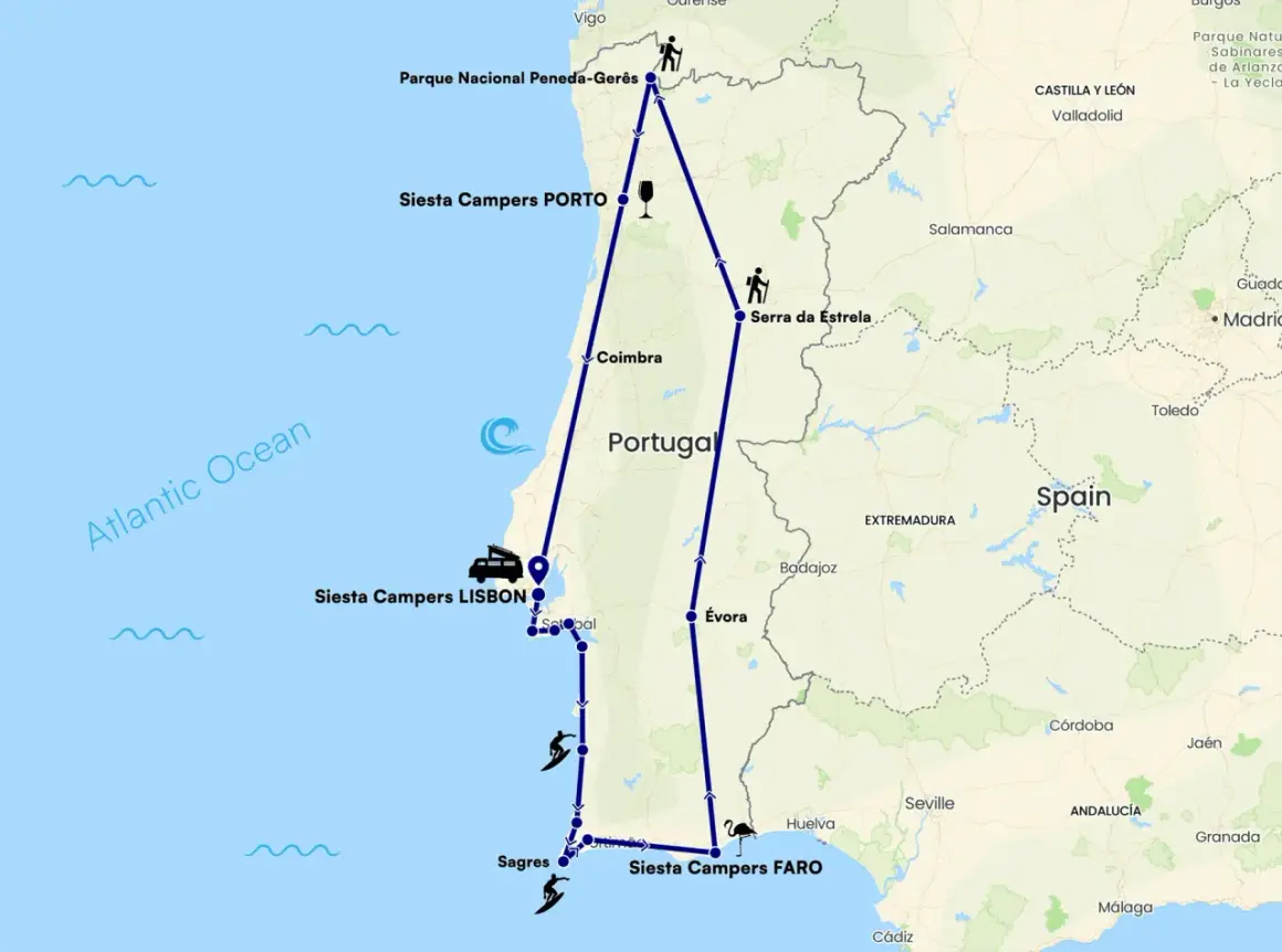 Mapa de una ruta en autocaravana por Portugal, visitando Oporto, Lisboa, Faro y el Parque Nacional Peneda-Gerês.