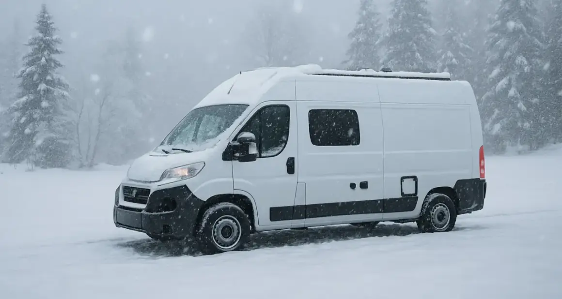 Furgoneta blanca en la nieve. Un deshumidificador sirve para mantener seco el interior, ideal para viajes en climas húmedos o fríos.