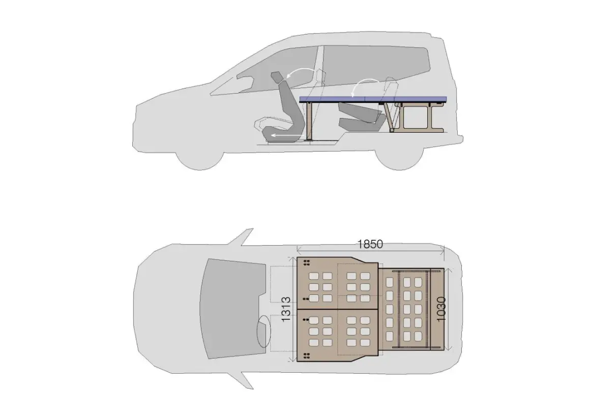 Planos de dimensiones de Ford Tourneo Courier camper. Muestra interior con asientos abatibles y mesa.