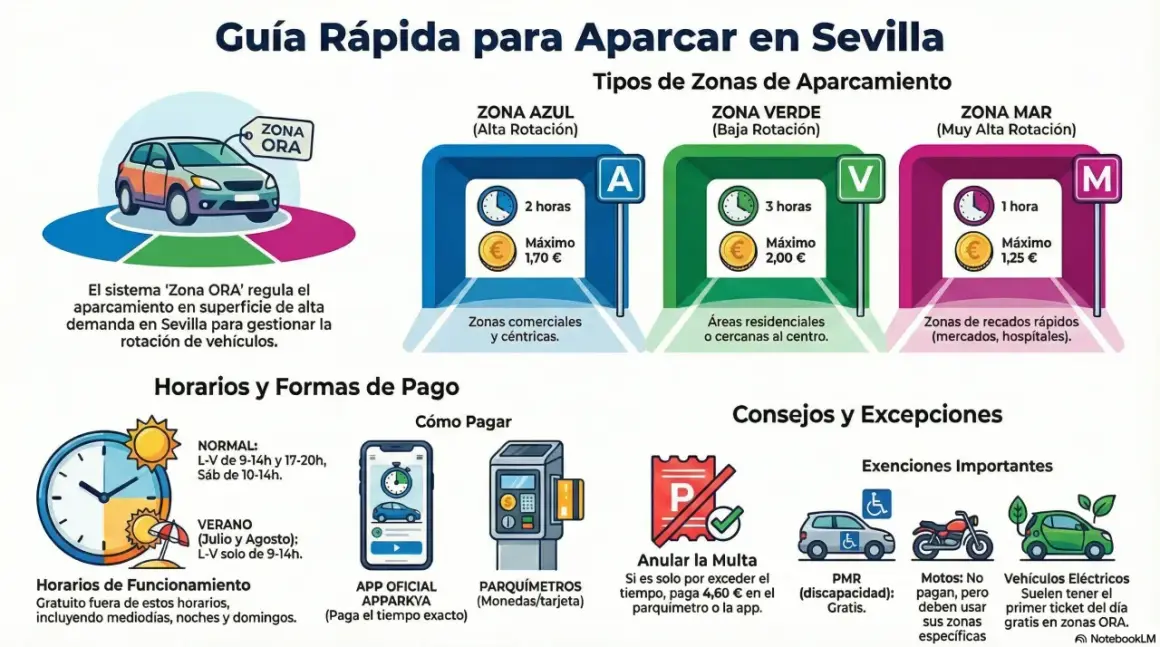 Guía rápida para aparcar en Sevilla: zonas azul, verde y mar, horarios, pagos y excepciones. Descubre wo am besten parken in Sevilla.