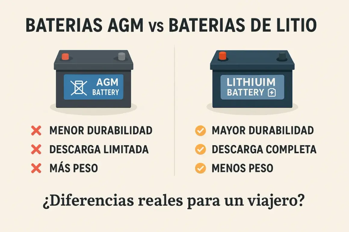 Comparativa de tipos de baterías solares: AGM (menor durabilidad, descarga limitada, más peso) vs Litio (mayor durabilidad, descarga completa, menos peso).