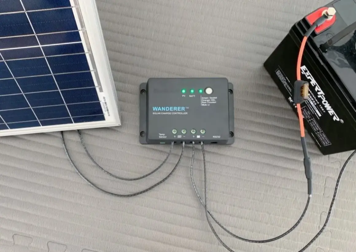 Panel solar, batería y un regulador de carga que gestiona la energía.