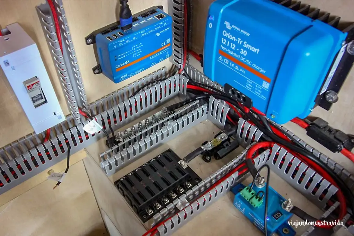 Panel eléctrico con dispositivos Victron Energy, incluyendo un Cerbo GX y un cargador DC/DC. Aquí se ve cómo funciona un inversor.