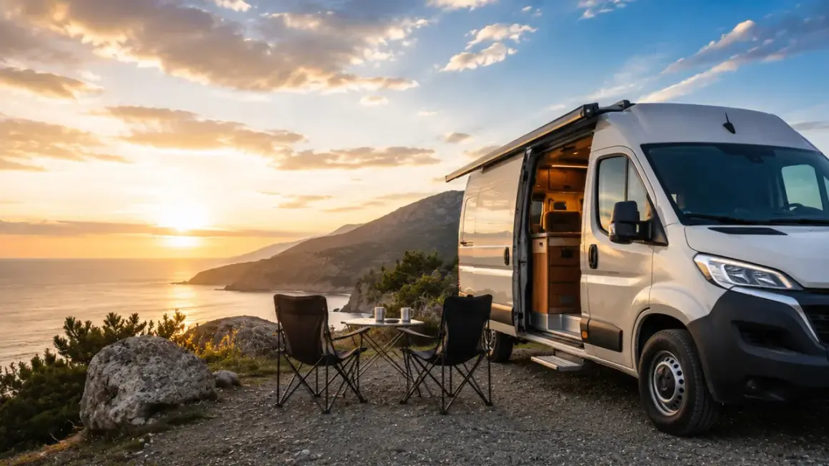 Una autocaravana lista para la aventura, con sillas y mesa plegables frente al mar al atardecer. Las marcas de camper invitan a explorar.