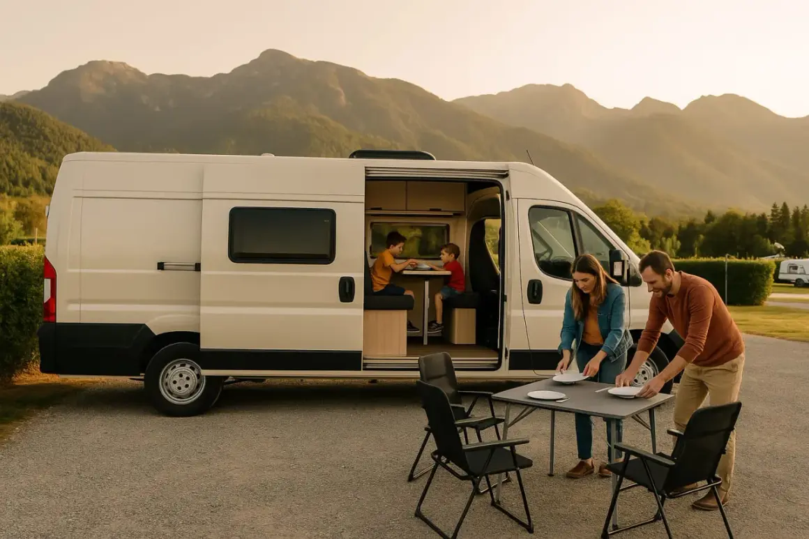 Familia preparando la cena al aire libre junto a su autocaravana de gran volumen, con dos niños jugando dentro.
