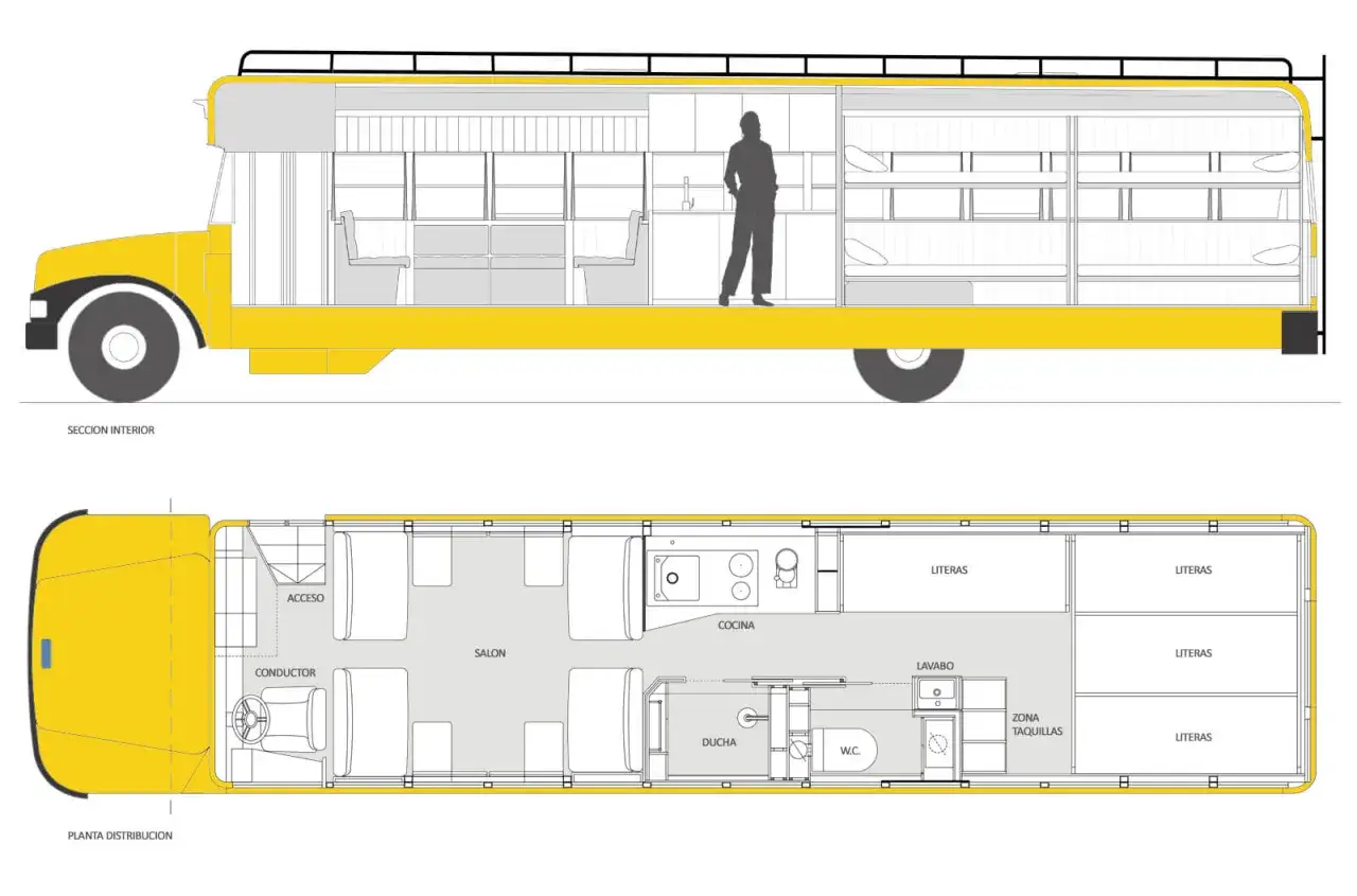 Plano de un autobús camperizado con distribución de salón, cocina, literas, baño y zona de conductor.