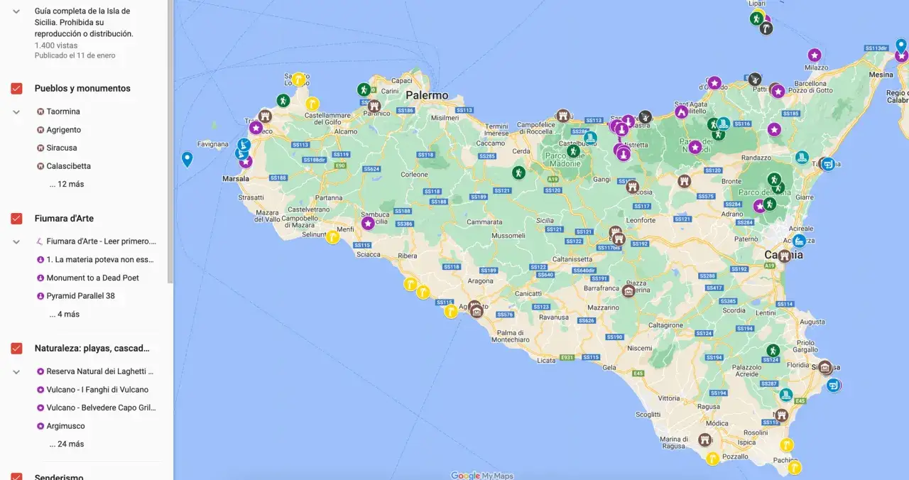 Mapa de Sicilia con marcadores de lugares tur&iacute;sticos, ideal para descubrir los lugares m&aacute;s bonitos de Sicilia.